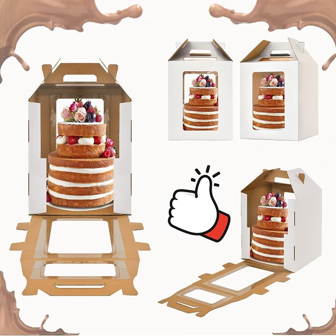 XININSUN 3Pack Tall Cake Boxes for Tier Cakes with 4 windows 10x10x12Inch cake transport container,Bakery Take Out Transport Containers Tall Cake Carrier with Handle for Wedding, Birthday, Party