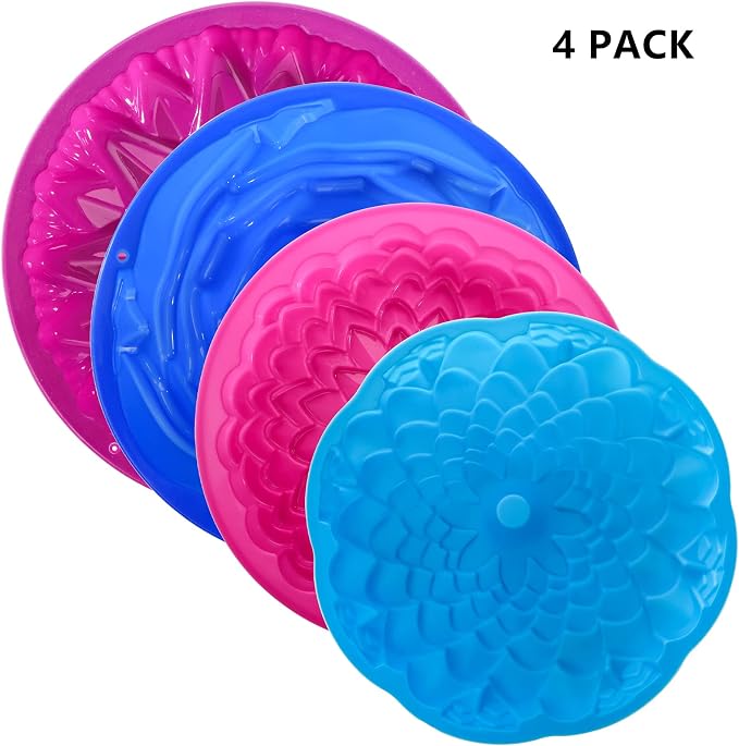 DEAYOU 4 Pack Flower Shape Silicone Cake Molds, Non-Stick Bread Pie Flan Tart Baking Pan Jello Molds, Round Silicone Baking Tray for Brownie, DIY, Anniversary, Birthday