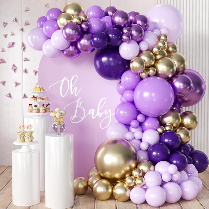 MEBAY Purple and Gold Balloons Arch Kit, 166Pcs Dark Purple Metallic Lavender Lilac Violet Gold Chrome Balloons for Baby Shower Girl Princess Party Wedding Decorations
