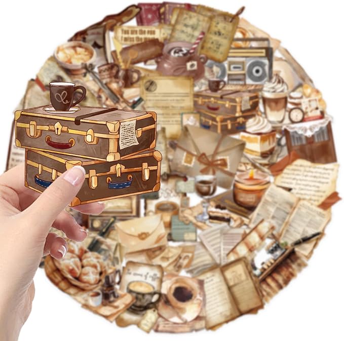 Vintage Coffee Ephemera Stickers, Transparent Retro Cafe Aesthetic Watercolor Decorative Sticker, 50PCS PET Waterproof Decals for Journaling Scrapbooking Planner Junk Journal DIY Crafts
