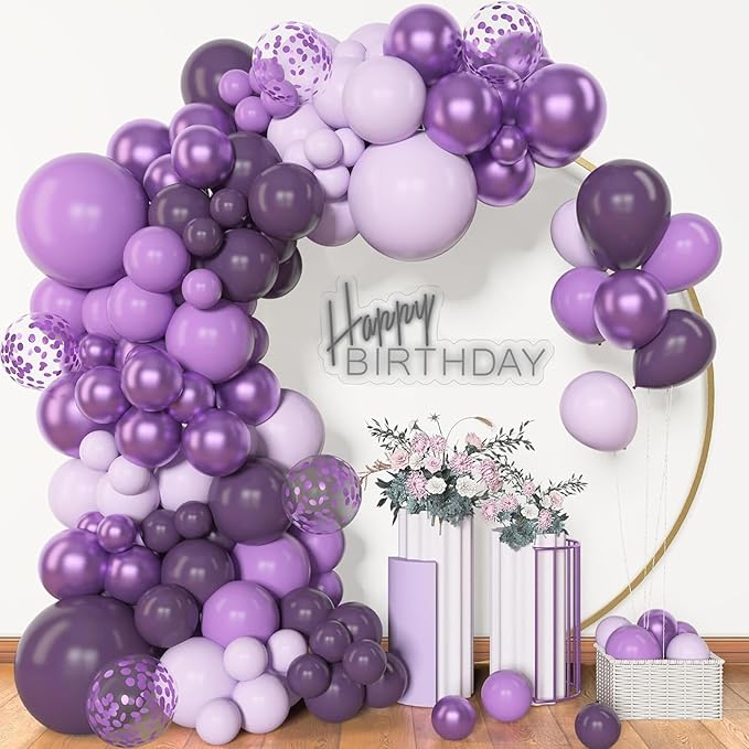 Archloon 156pcs Purple Balloon Garland Arch Kit, Different Sizes 18 12 10 5 inch Lavender Latex Metallic Confetti Purple Balloons for Halloween Wedding Birthday Baby Shower Party Decorations Supplies