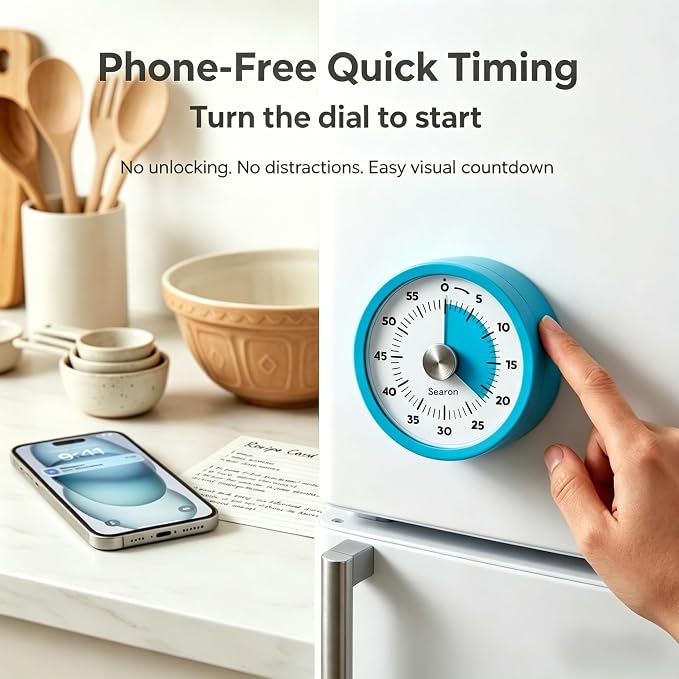 Searon Magnetic Visual Kitchen Timer, 60 Minute Countdown Timer with LED Alert, Turn the Dial to Start, No Winding Needed for Cooking, Baking, Meal Prep & Daily Kitchen Tasks (Blue)