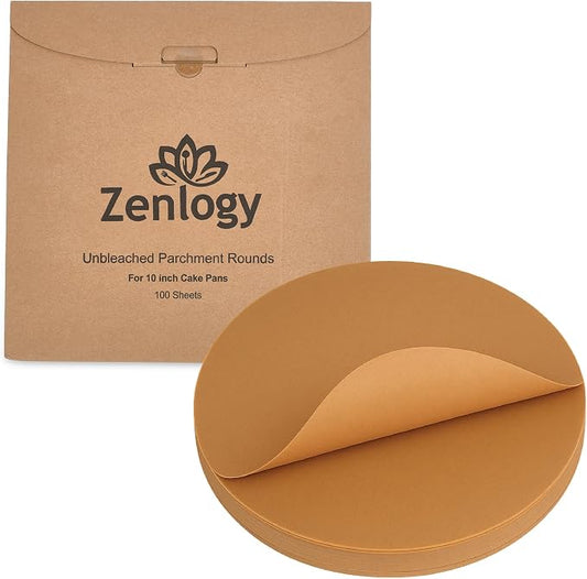 Zenlogy 10 Inch Parchment Paper Rounds (100 Sheets) - Unbleached, Pre-cut, High Heat, Round Liners - Fits 10 inch Round Cake Pans, Pizza Pans, and Air Fryer