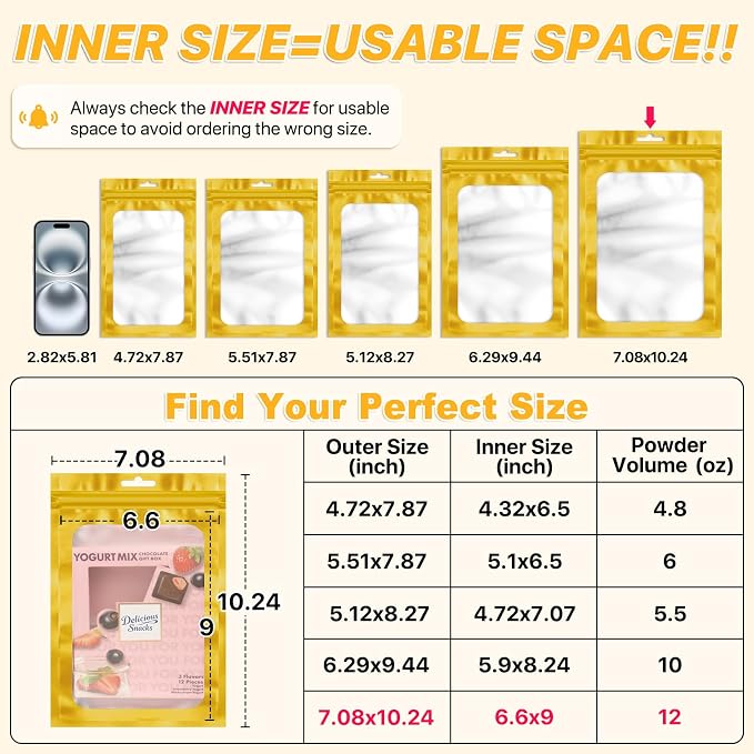 100 PCS Resealable Mylar Bags with Frosted Clear Window Bags Packaging Bag Foil Pouch Zipper Bag for Food Self Sealing Storage Supplies (7.08x10.24, Golden)