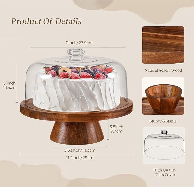 Farmyards Glass Dome Acacia Wood Cake Display Stand with Lid - 2-in-1 Footed Round Cake Holder, Cake Plate Display with Cover for Baking Gifts, Large Dessert Table Display Set & Charcuterie Board