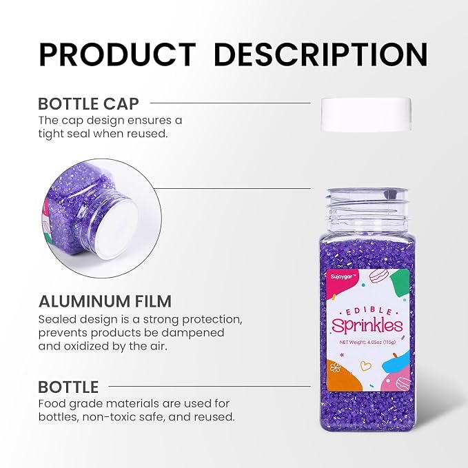 Purple Sprinkles for Cake Decorating, 4.02oz Purple Sanding Sugar Sprinkles, Edible Glitter Sprinkles for Cupcake Toppers Baking Drinks Cookie Ice Cream Dount Chocolate