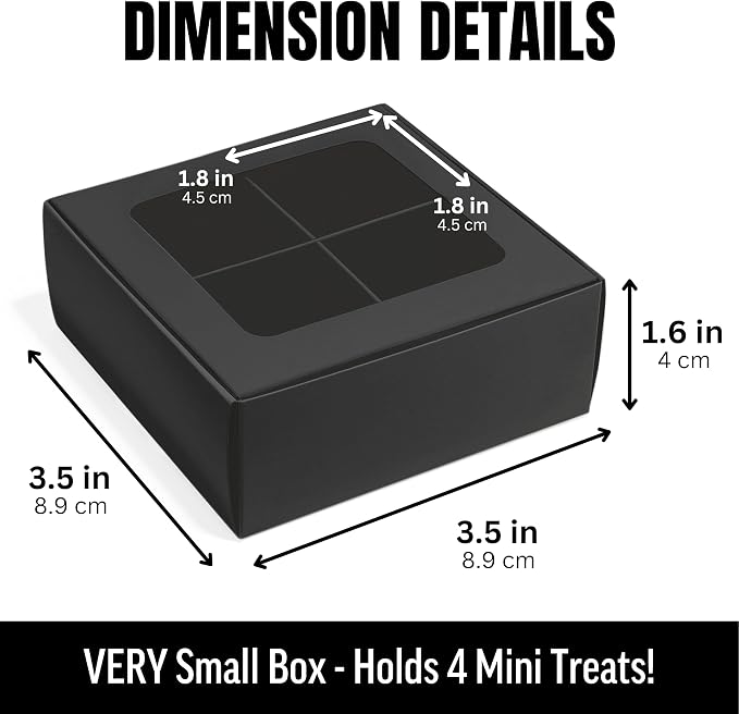 100 pcs Black Mini Truffle Box for 4 Treats with Window and Dividers, Bakery Boxes, 3.5 x 3.5 x 1.57 Inches VERY SMALL Baking Boxes for 4 Treats, Square Truffles Box for Gift Giving