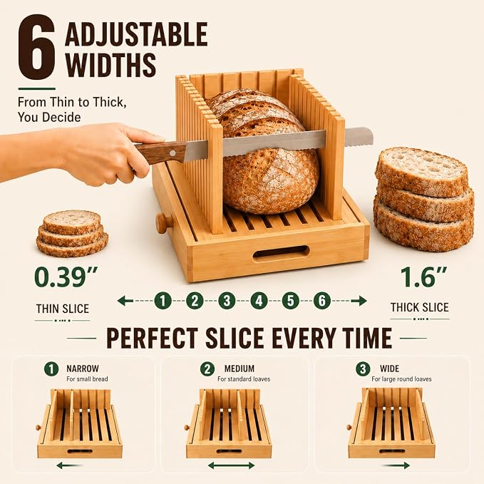 3in1 Bread Slicer for Homemade Bread - Adjustable Width Bamboo Bread Cutter with Storage Box, Bread Box with Cutting Board Crumb Tray, Bread Storage Container for Kitchen Countertop, Sourdough Baking