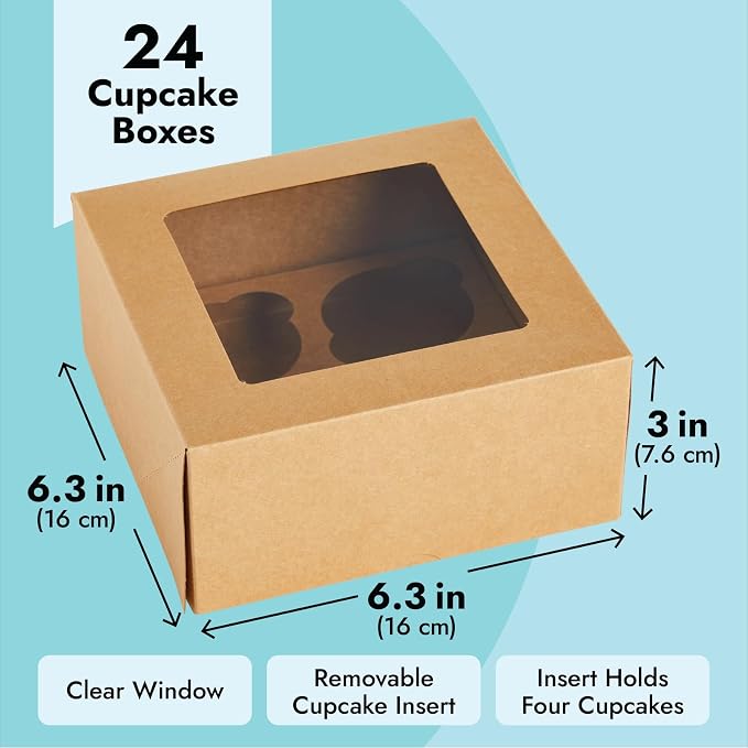 Juvale Cupcake Boxes - 6 x 6 in, 24 Count, Brown - 4-Cup Insert & Clear Window Cupcake Containers & Muffin Boxes
