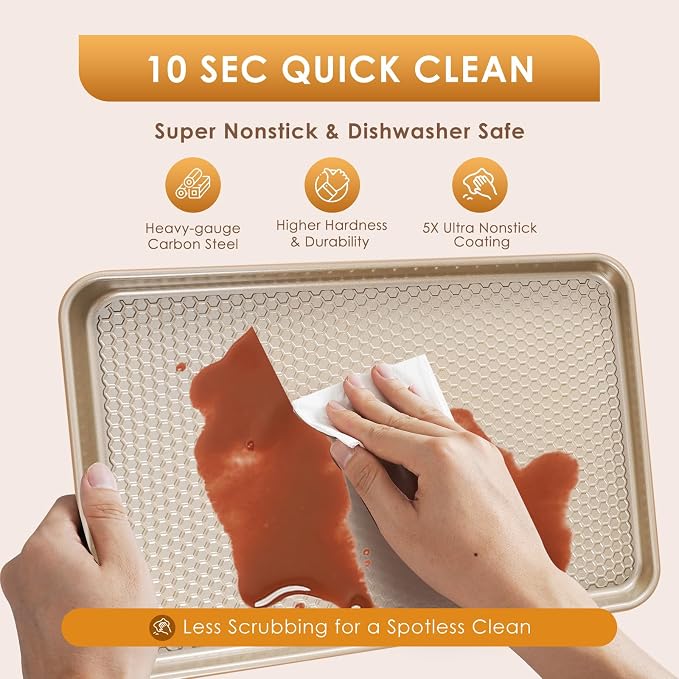 Baking Sheet Pan Set of 3, Nonstick Carbon Steel Cookie Sheets with Texture | Commercial Half/Quarter/Jelly Roll Pans Replacement Toaster Oven Tray, Heavy Duty & Easy Clean, Champagne Gold