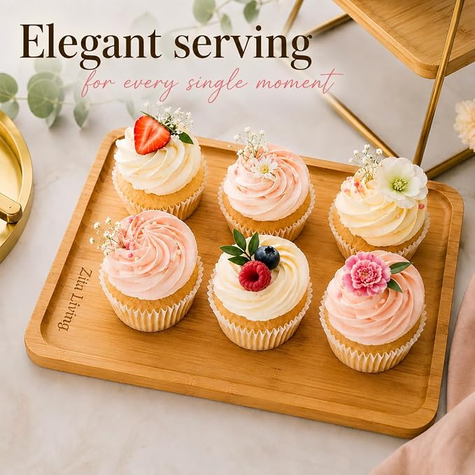 Wooden 3 Tier Serving Stand- Bamboo & Gold Tiered Dessert Tray for Party, Cupcakes, Cake Display, Wedding Reception, Food Serving Platter