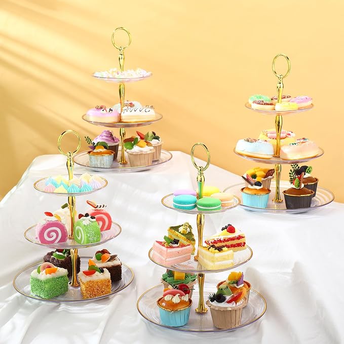 Teenyyou 8 Pack 3 Tier Cupcake Stand Bulk Tiered Dessert Stand Thick Plastic Serving Tray with Gold Edges Dessert Table Display Set Tea Cake Holder for Wedding Birthday Party(Clear,Round)