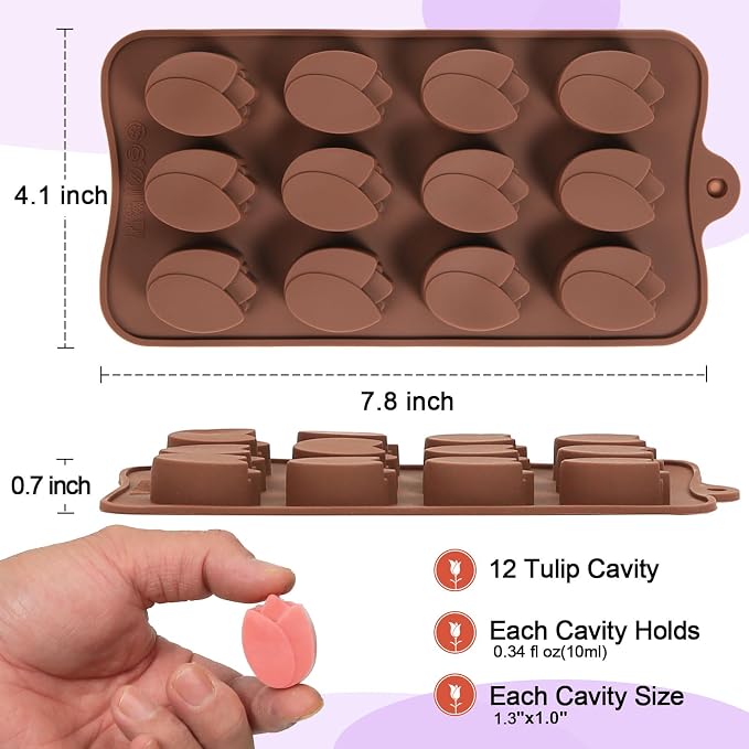 Mini Flower Chocolate Molds, 2 Pcs Silicone Molds with Tulip Shapes for Making Chocolate/Candy/Gummy/Jelly, Food Grade Candy Mold with 12 Cavities Mini Tulips for Fruit Snacks