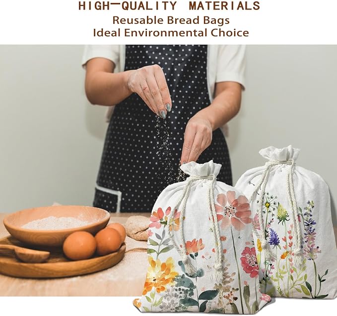 UTELKA Reusable Linen Bread Bag, Homemade Bread Sourdough Bags 2Pcs | Wildflower Beeswax Bread Bag,Flroal Large Bread Box for Baker, Focaccia Sandwich Bags,Baking Gifts,16.5x12