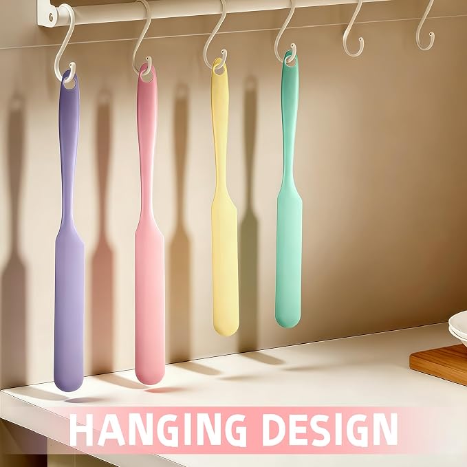 8 Pack Silicone Jar Spatula Set – Long Handle Small Skinny Spatulas 9.4" & 8.1", Flexible Heat Resistant Silicone Scraper for Baking, Mixing & Sourdough Starter (Purple Green Pink Yellow)