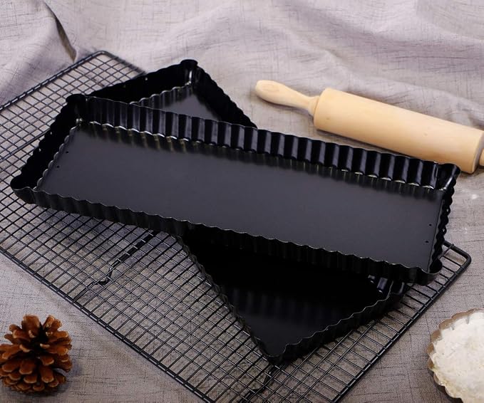Webake 14 Inch Heavy Gauge Carbon Steel Non-stick Rectangular Tart Pan with Removable Bottom Quiche Baking Pan (Pack of 2)