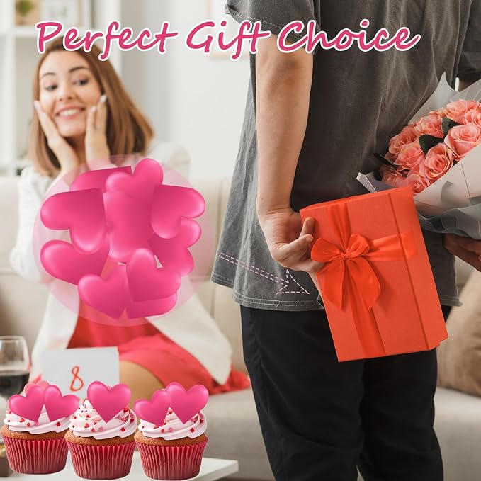 44PCS Edible Valentines Day 3d Heart Cupcake Toppers Rose Pink Heart Cupcake Picks Happy Valentine's Day Heart Cake Decor for Valentine's Day Theme Party Decoration Supplies
