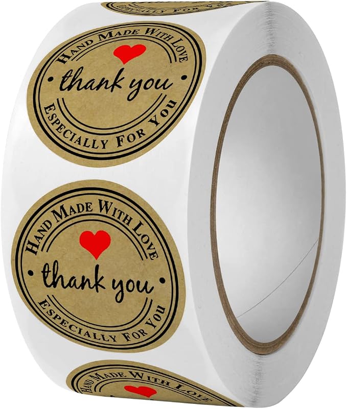 1000PCS Hand Made with Love Stickers,1 Inch Small Round Thank You Red Heart Baking Stickers Label Bakery Sticker for Baked Goods Packaging Jam, Jelly Jar Canning Bottles,Cookie Bags (Brown)..