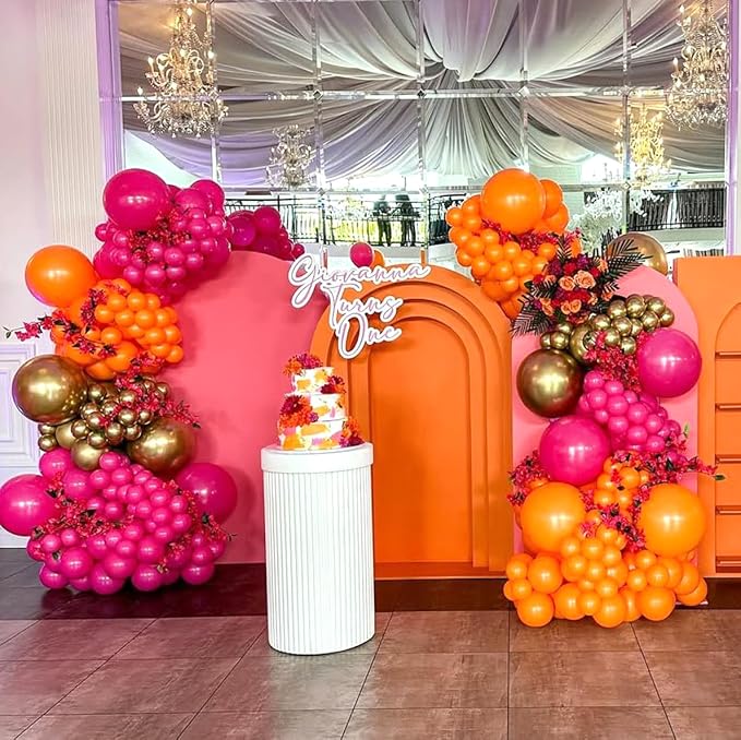 Pink and Orange Balloons Garland Arch Kit, 154pcs Hot Pink Light Pink Orange Metallic Gold and Confetti Latex Balloons for Summer Tropical Birthday Baby Shower Wedding Party Decorations