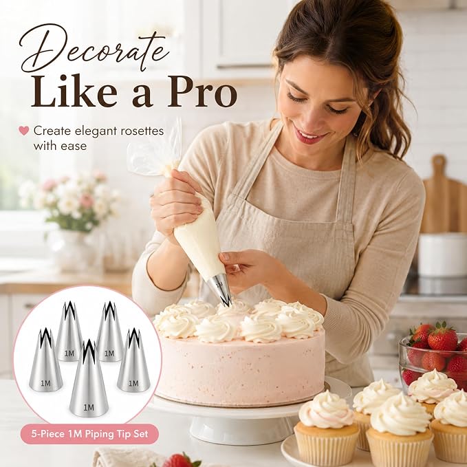 5 Pcs 1M Piping Tip Set For Icing Cupcake Cake Decorating | Stainless Steel, Reusable, Standard Size Fits Most Couplers