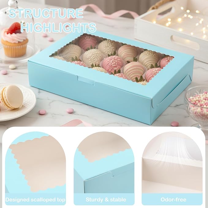 OAMCEG 24 Pack Cookie Boxes with Window, 12x8x2.5 Inch Bakery Treat Boxes for Christmas Holiday Gift Giving, Desserts, Donuts, Pastries-Blue