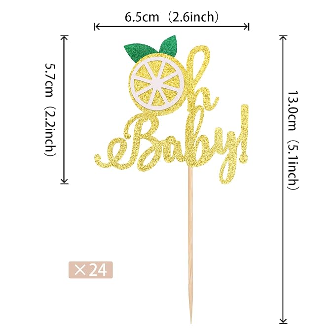 24 PCS Lemon Oh Baby Cupcake Toppers Glitter Fruit Theme Oh Baby Lemonade Party Cupcake Picks for Lemon Theme Baby Shower Kids Boys Girls Birthday Party Cake Decorations Supplies Gold