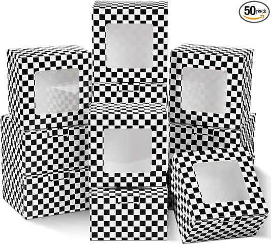 50 Pack Black White Checked Cookie Boxes with Window, 5x5x3 Top-opening Bakery Boxes for Cookie Swap, Brigadeiro, Donuts & Pastries, Small Checked Treat Box for Party Favors