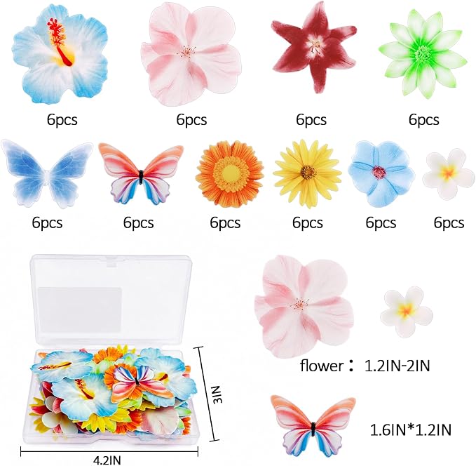Morofme 60pcs Edible Flower Cake Topper Hawaiian Cupcake Toppers Wafer Paper Daisy Tropical Hibiscus Flower Cake Decorations Luau Themed Cupcake Decor for Summer Beach Aloha Birthday Party Supplies
