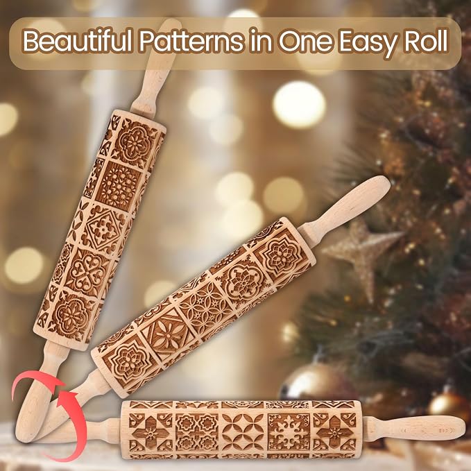 Christmas Embossed Rolling Pin for Baking Cookies Embossing Rolling Pins with Design Wooden Engraved Springerle Roller Pin Dough Patterned Clay Pottery Ceramic Bakers Women (Vintage Square Patterns)