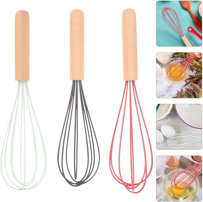 Ipetboom 3Pcs Portable Egg Whisk with Ergonomic Beech Handles Silicone-coated Hand Mixers for Fast Egg Mixing Baking and Kitchen Use in Black Red Dark Green