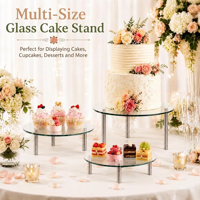 Hacaroa 3 Pcs Tempered Glass Cupcake Stands for Party, 9,11,12.6 Inch Round Food Display Stand Clear Retail Risers for Cakes, Desserts, Pastries, Appetizers