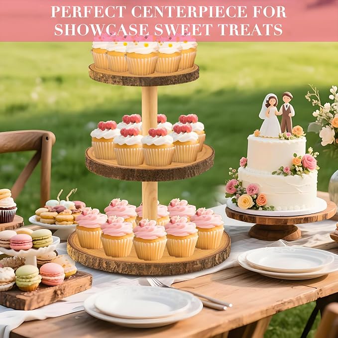 Rustic 3-Tier Wooden Cupcake Stand & Cake Tower – Natural Paulownia Wood Tiered Display for Weddings, Parties, Baby Showers, Holidays (Farmhouse Décor, Handcrafted Bark Design)