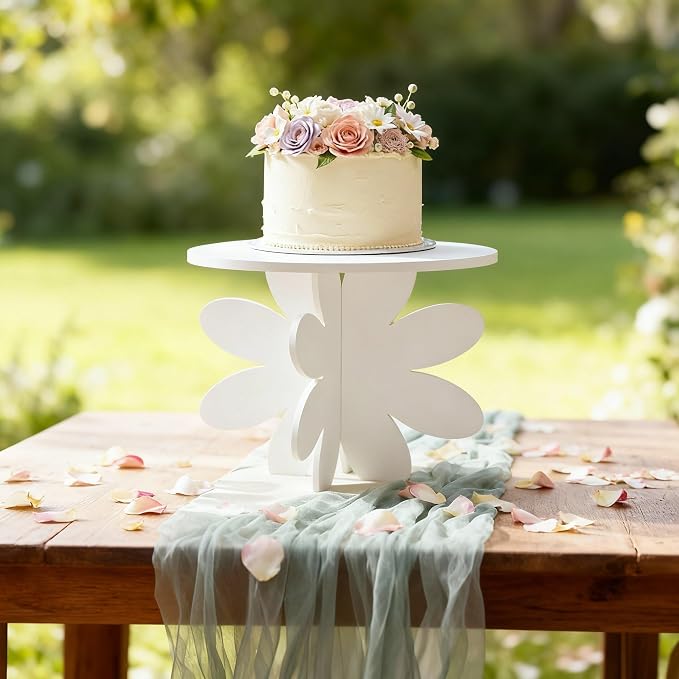 Lallisa 12" Groovy Daisy Cake Stand White 3D Floral PVC Groovy Party Decorations with Engraved Flower Holder Dessert Stand Centerpieces for Wedding Birthday Spring Tea Garden Themed Party Supplies