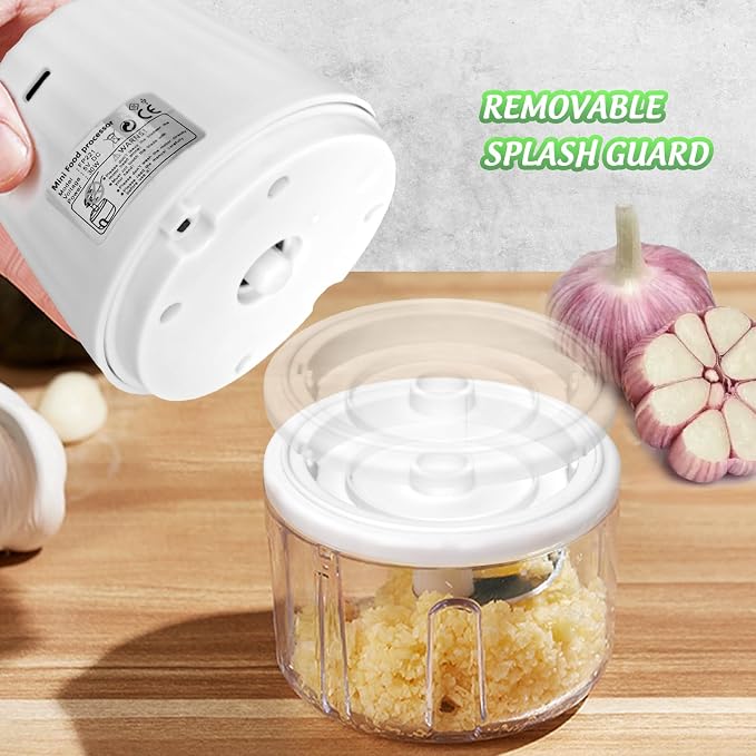 Mini Electric Garlic Chopper 300ML GLASS Food Processor Cordless | Type-C Rechargeable Mincer for Vegetables Puree, Stainless Steel Blades, BPA Free, with Scraper Splash Guard Charging Cord