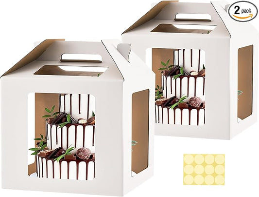 XININSUN Tall Cake Boxes for Tier Cakes 14x14x14 Inch Tall Cake Carrier with 6 Windows,Large Tierd Cake Take Out Transport Containers with Handle for Wedding, Birthday, Party-2Pack