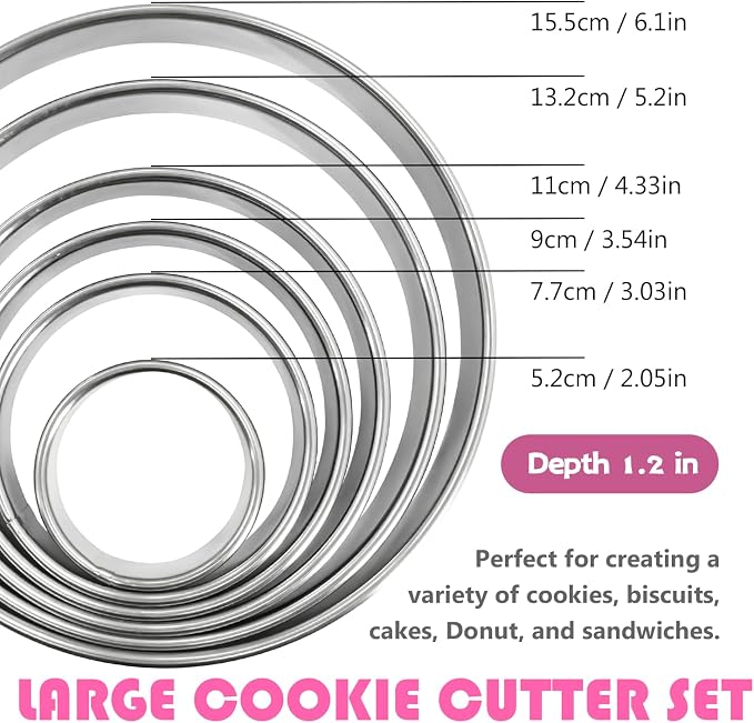 6 PCS Circle Cookie Cutter Set Donut Cutter Large Stainless Steel Round Cutters (2, 3, 3.5, 4, 5, 6 Inch) & Decorative Cookie Mold for Baking, Donuts, Biscuits, Sandwiches | Durable Easy to Clean