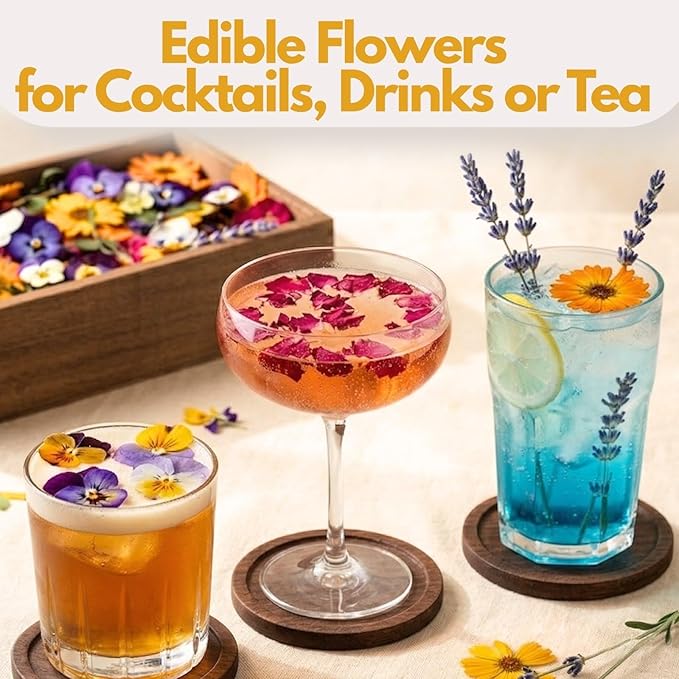 70 Pcs Edible Flowers for Cocktails & Cake Decorating – Real Dried Edible Flowers Cupcake Toppers, Food Grade Edible Pressed Flowers for Drinks, Garnish & Crafts (Pansies, Rose, Calendula, Lavender)