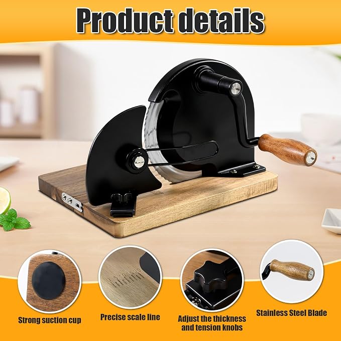 Manual Bread Slicer,Multi-Functional Foldable Hand-Cranked Bread Slicer with Steel Guard Plate and Non-Slip Base Pad Features Adjustable Thickness with Scale Lines for Even slicing Homemade(Black)