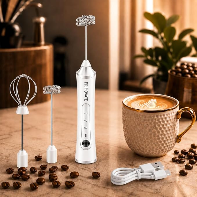 Rechargeable Milk Frother Handheld, Electric Coffee Frother with 2 Whisk, 3-Speed Powerful Drink Mixer, USB-C, Milk Foamer for Coffee, Latte, Cappuccino,Matcha & HotChocolate(White no Stand)