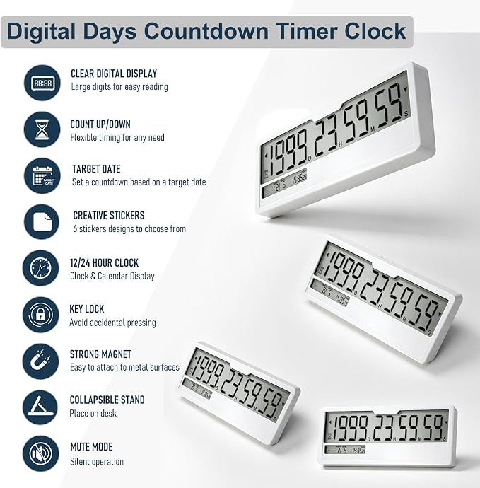 Digital Countdown Timer Clock 9999 Days Calendar Timer, Custom Past Date Countup & 6 DIY Writeable Stickers, Magnetic Count Down Clock for Retirement Wedding Pet Memorial Vacation Classroom Lab