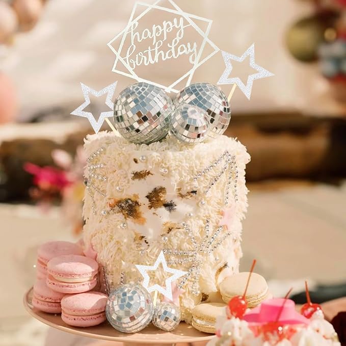 33Pcs Disco Ball Cake Toppers Silver Disco Balls Cake Decorations with Mirror Balls Happy Birthday Cake Topper and Star Cake Toppers for 70s 80s Disco Music Dance Themed Party Decorations Supplies