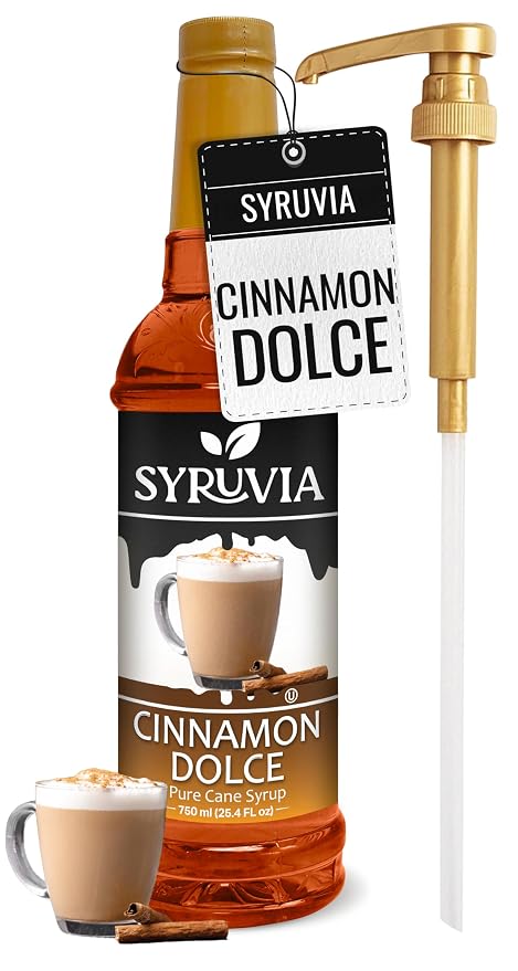 Syruvia Coffee Syrup, Cinnamon Dolce Flavored Syrup for Drinks, Lattes, and Desserts – 25.4 fl oz - with Pump