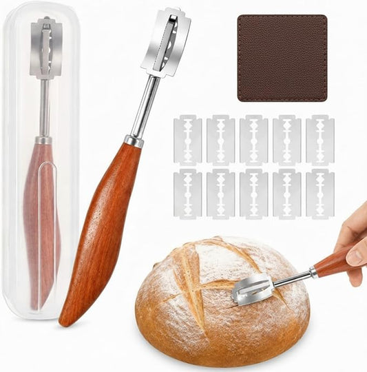 Havawish Bread Lame Sourdough Scoring Tool Wood Handle with 10 Blades Storage Cover PU Protector Cover for Artisan Sourdough Baking Supplies