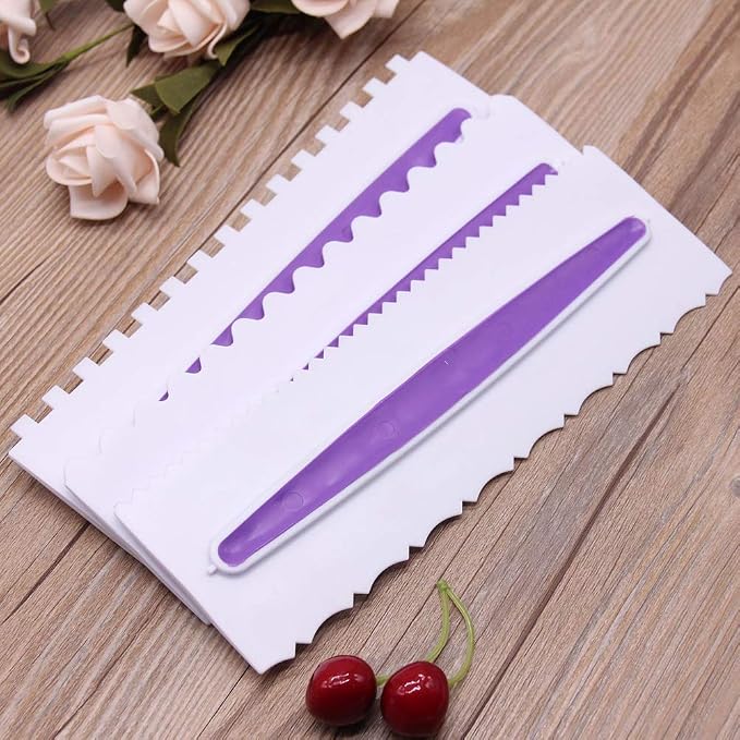 Decorating Comb and Icing Smoother Set of 3 Pack Decorating Mousse Butter Cream Cake Edge Tools, Plastic Sawtooth Cake Scraper Polisher 6 Design Textures-White/Purple