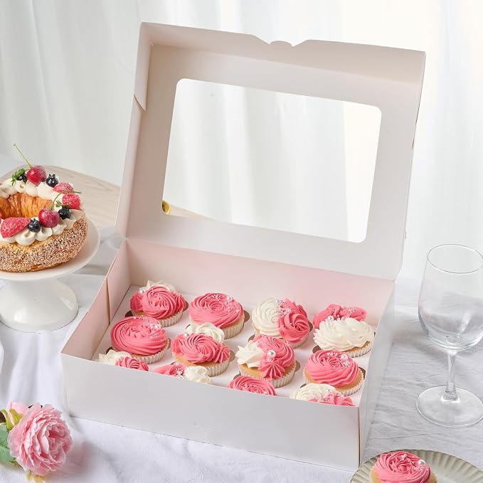 ZORRITA 12 Count Cupcake Boxes, 4 Pack, White | Auto-Popup, With Window & Inserts, Cupcake Carrier Containers, Fits Dozen Cupcakes Muffins