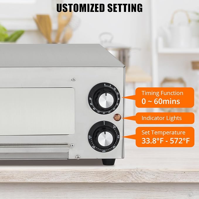 Commercial Pizza Oven Countertop, 14" Electric Pizza Oven for Indoor Use, Stainless Steel Electric Oven with Timer, Removable Crumb Tray, for Home Kitchen, Restaurant