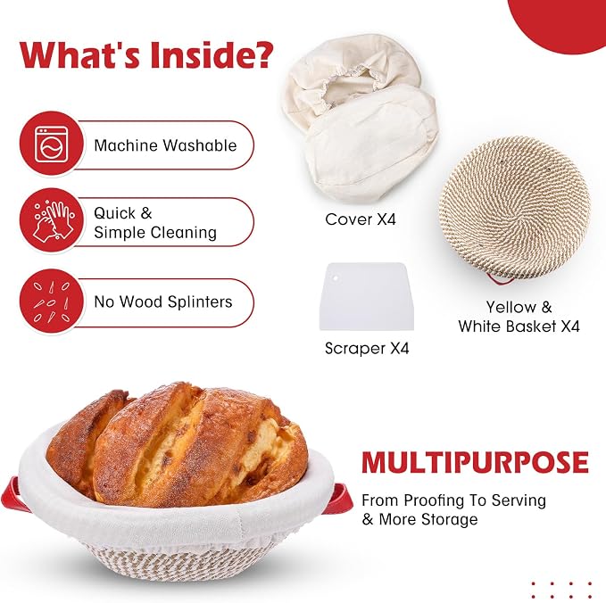 Gejoy 4 Pcs 9.1 Inch Cotton Rope Banneton Bread Proofing Basket Set Round Bread Baskets with Liners & Covers Proofing Baskets for Sourdough Baking with 4 Strickle for Home Bakers Wife (Yellow, White)