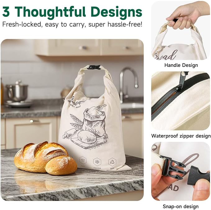 Beeswax Bread Bags for Homemade Sourdough, 2 Pack XL Reusable Organic Linen Cotton Bread Bags with Zipper Seal to Keep Bread Fresh (white and ecru)