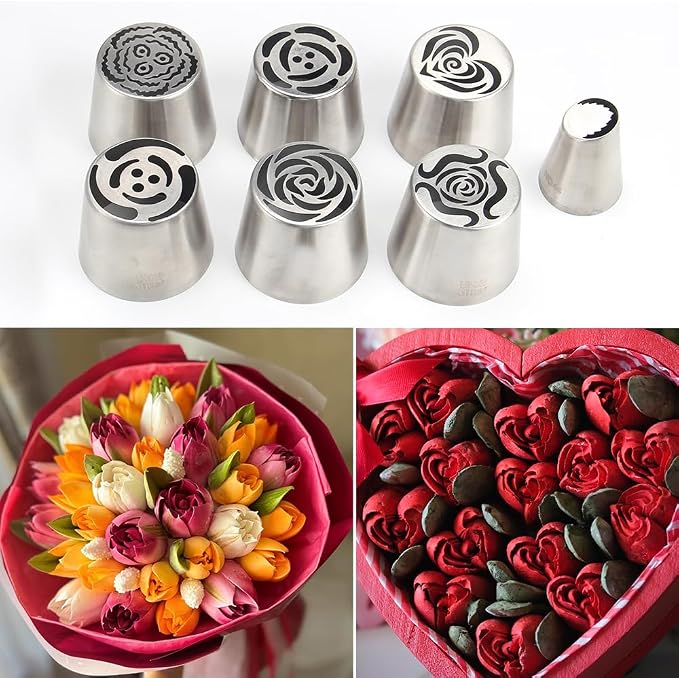 6 Pieces Extra Large Stainless Steel Russian Tulip Marshmallow Icing Tips Kit, Cupcake Dessert Piping Nozzles Set,1 Small Russian Icing Tip,1 Cleaning Brush for Cake Decorations,Pastry Baking Tools