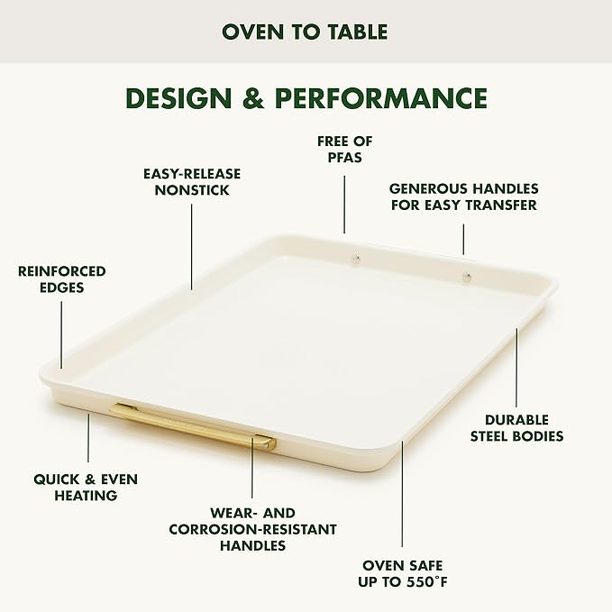GreenPan Bakeware 13"x18" Half Baking Sheet Pan, Ceramic Nonstick Baking Pan, PFAS & BPA Free, Gold Handles, Durable Steel, Versatile & Space Saving Ovenware, Freezer to Oven Dish, Cream